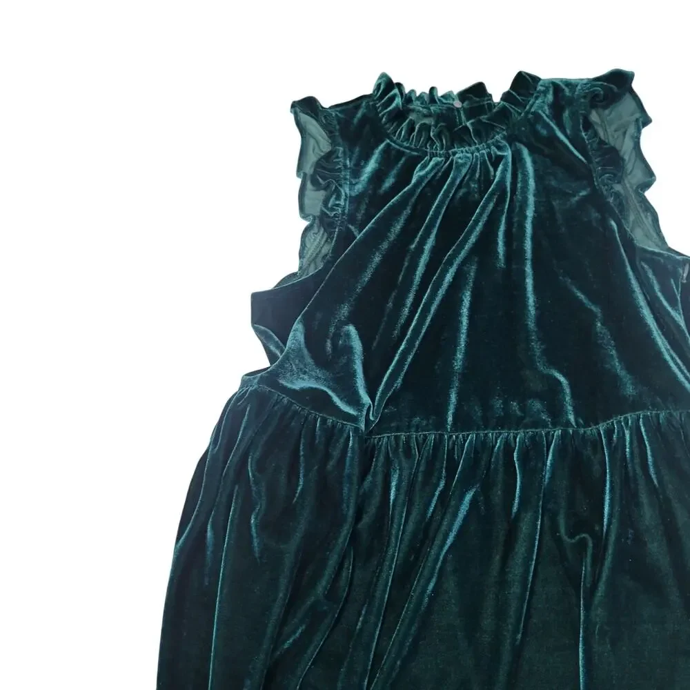 J. Crew Velvet Midi Dress 8 Emerald Green Tiered Ruffle High Neck Romantic Party - Picture 4 of 9